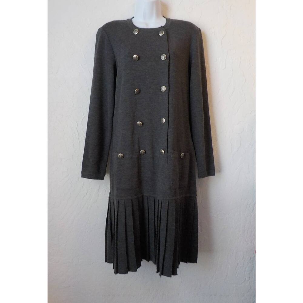 VTG Adrienne Vittadini Gray Wool Knit Midi Button Up Dress Long Sleeves Women 10